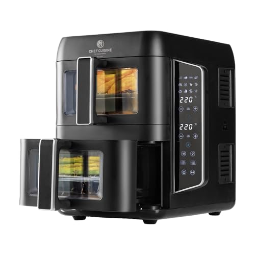 CHEF CUISINE International Air Fryer Dual Zone, Heißluftfritteuse schwarz, 2.400 W, 2 Schubladen à 4,5 L, SYNC-Funktion, 12 Pre-Set Programme, digitaler Timer
