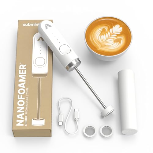 Subminimal NanoFoamer Lithium Handheld Frother, White Special Edition - Wiederaufladbarer, Dual-Speed Microfoamer für Barista-Stil Cappuccinos, Mikroschaum in 30 Sekunden, IP4 wasserdicht, leicht zu reinigen