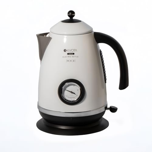 KVOTA Elektrischer Wasserkocher 1,7 L im Retro-Style, Edelstahl, mit analoger Temperaturanzeige, max. 2200 W, Kabellos & 360° drehbar, Überhitzungs- & Trockenlaufschutz, weiß-schwarz
