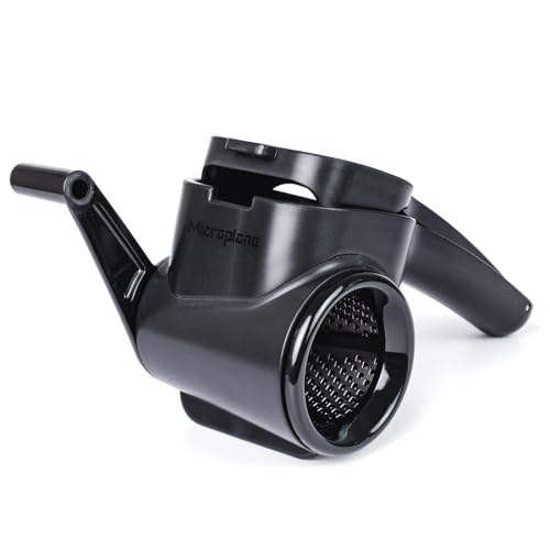 Microplane rotierende Reibe 21,3 cm, Edelstahl mit ergonomischer Kurbel, rutschfestem Griff und integriertem Auffangbehälter