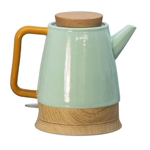 Kvota Elektrischer Keramik Wasserkocher 1,5 L mint/holz – mit echtem Holzdeckel, 360° drehbarem Sockel, LED-Betriebsanzeige, BPA-frei, Trockengehschutz, Retro Design