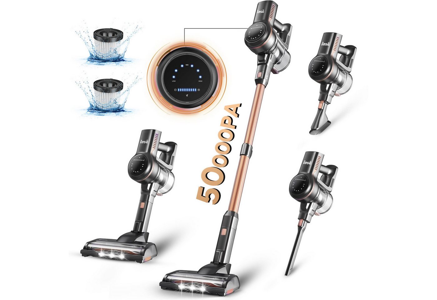 INSE Akku-Hand- und Stielstaubsauger, 50KPa Saugkraft, 60 Minuten Laufzeit, 1,2L Staubbehälter, LED-Beleuchtung, 65dB leise