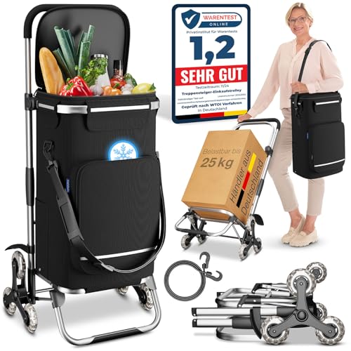 maxVitalis Einkaufstrolley Treppensteiger mit Kühlfach, Einkaufsroller klappbar, Shopping Trolley höhenverstellbar, Reflektoren, abnehmbare Tasche, 43 L, Hackenporsche (Treppensteiger-Trolley)
