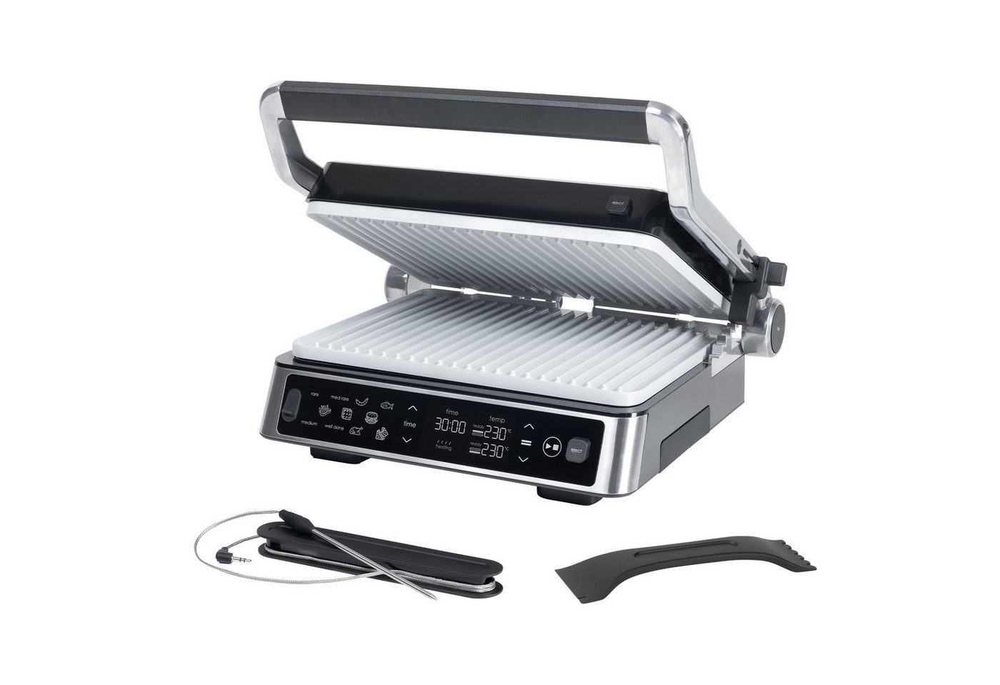 Genius Genius Chef Kontaktgrill, Elektrogrill Edelstahl mit 2000 W, 2 austauschbare Platten, integrierte Fettauffangschale und 10 Automatik-Funktionen