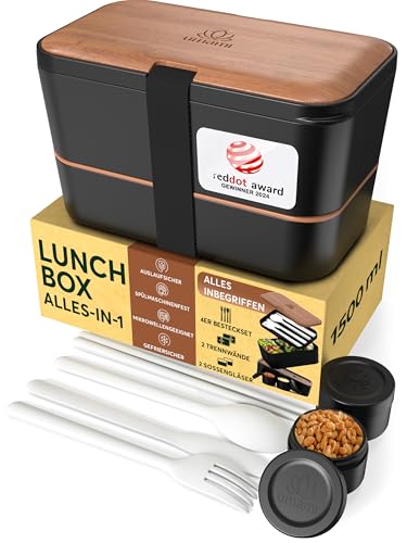UMAMI Bento Lunchbox für Erwachsene, auslaufsichere Brotdose mit Besteck und 2 Saucenbehältern, ideal für Meal Prep und Snacks, doppelte Fächergestaltung