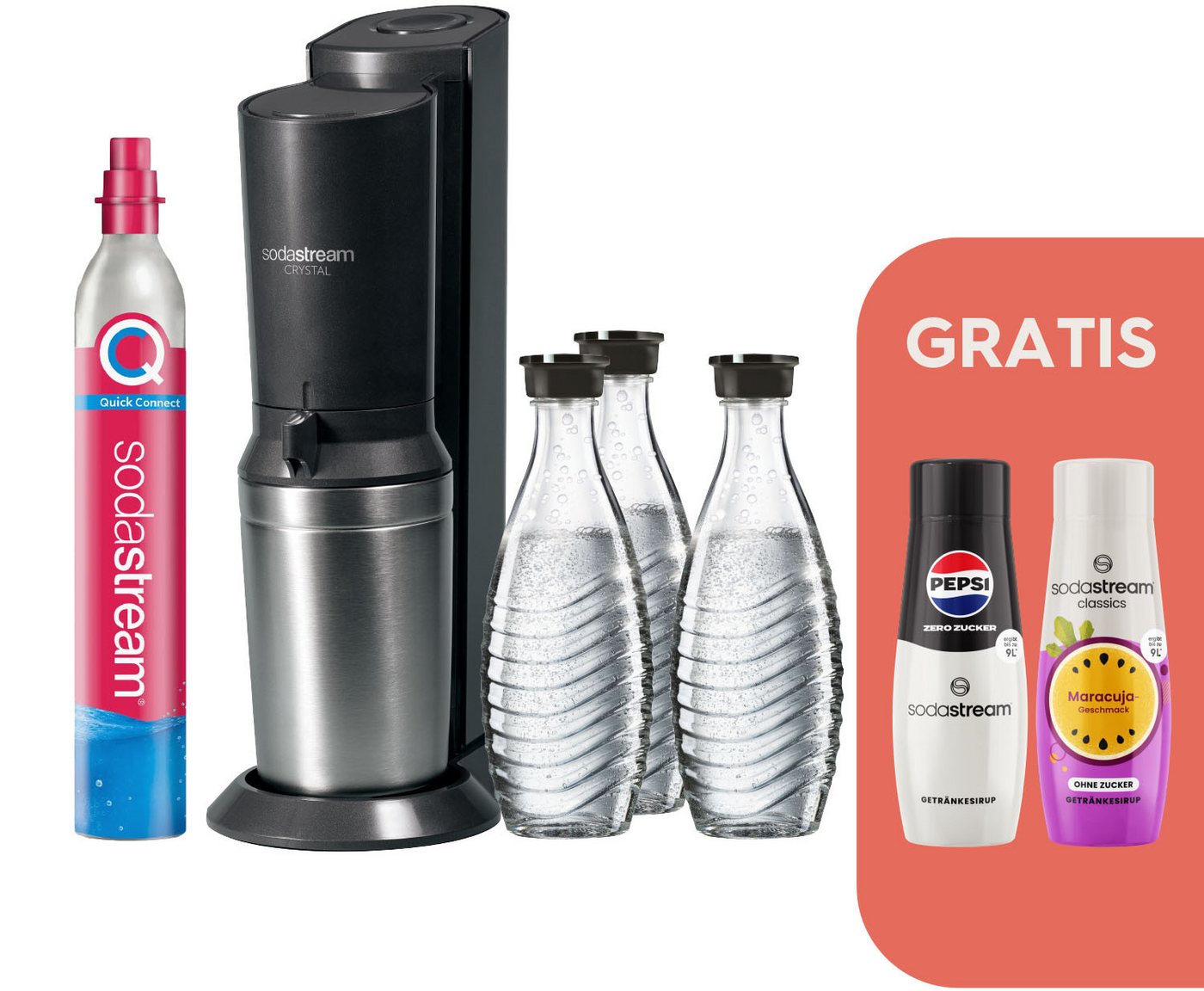 SodaStream CRYSTAL 3.0, Wassersprudler mit 3 Glaskaraffen, 1 CO2-Zylinder, 2 Sirups (Pepsi Zero Zucker, Maracuja ohne Zucker), Quick-Connect-System