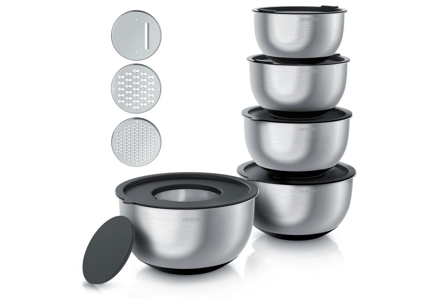 Arendo Salatschüssel 5er Set, Edelstahl Schüsseln 1,6 bis 5 L mit Deckel, 3 Reibaufsätzen, spülmaschinengeeignet, BPA-frei