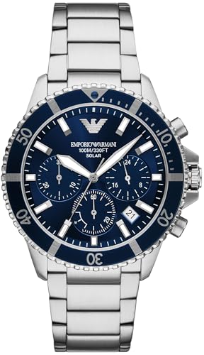 Emporio Armani Watch for Men, Chronograph Movement and 46mm Case Size with Stainless Steel Band, Blau und Silber, 43.5mm