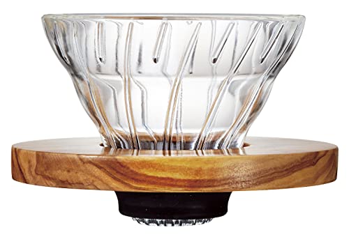 Hario V60-01, wiederverwendbarer Kaffeefilter aus hitzebeständigem Glas mit Olivenholzgriff, Braun-Transparent