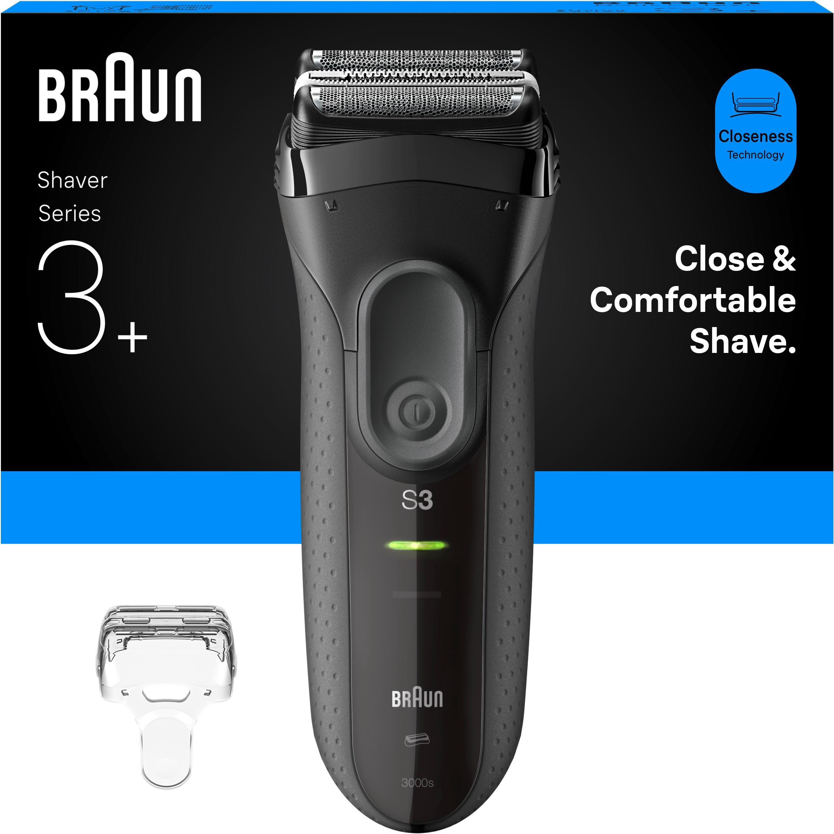 Braun Series 3+ 3000s, Elektrorasierer mit 2 Scherelementen, wasserfest, 45 Minuten Akkulaufzeit, schnelle Ladezeit von 5 Minuten