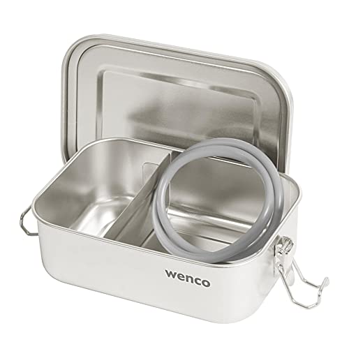 Wenco Premium Lunchbox aus Edelstahl, Mit 2 Fächern, Brotdose mit 800 ml Fassungsvermögen (650 ml Netto-Inhalt), Wasserdicht, Spülmaschinengeeignet, inkl. Ersatz-Silikonring, 15 x 11,3 x 5 cm, Silber