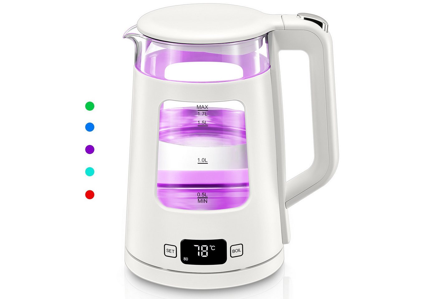FOHERE Wasserkocher aus Glas mit Temperatureinstellung, 1,7 l, 2200 W, Edelstahl & Borosilikatglas, 5 LED-Beleuchtungen