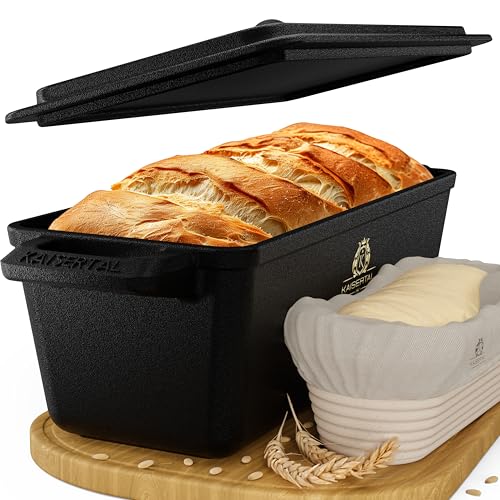 K KAISERTAL 28cm Brotbackform mit Deckel + Gärkorb - Eingebrannte Backform aus Gusseisen - Brottopf zum Backen - Kastenform mit Deckel inkl. Backen Zubehör, Farbe: Schwarz