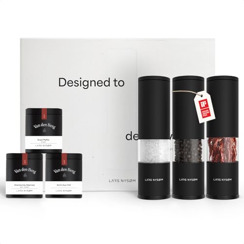 LARS NYSØM Gewürzmühlen Geschenkset, Salz und Pfeffermühlen Set mit Chilimühle & 3 Gewürzdosen (Carbon Black)