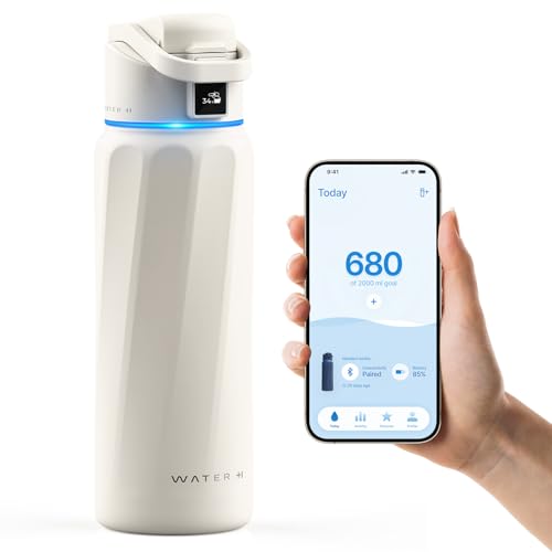 WaterH Boost Smart Trinkflasche, 946ml mit App und LED-Touch-Display, Aluminium Weiß