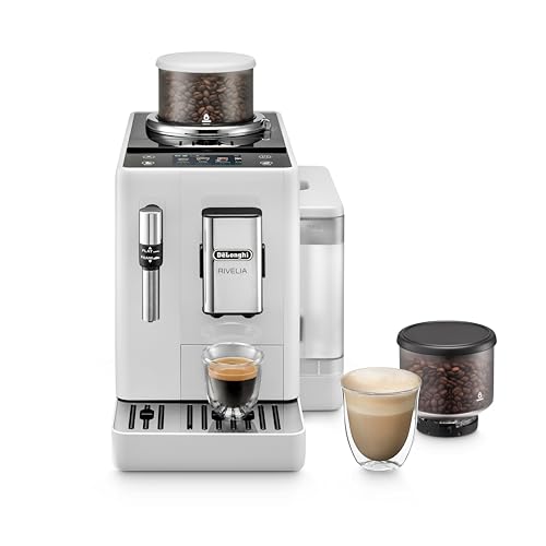 De'Longhi Rivelia EXAM440.35.W Kaffeevollautomat mit Milchaufschäumdüse, Wechselbarer Bohnenbehälter, 8 Kaffeegetränke auf Knopfdruck, Extra-Shot-Funktion, 3,5" Touch-Display, Arctic White
