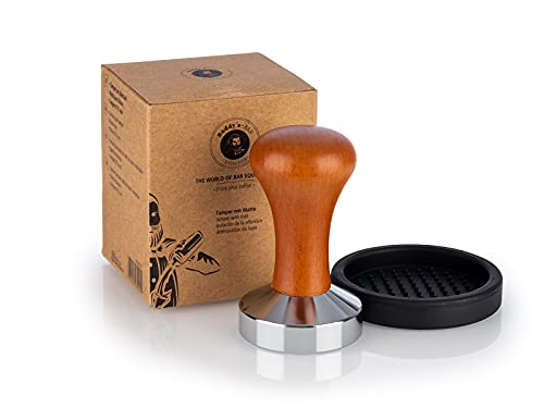 Buddy´s Bar - Barista Edition, Premium Tamper, Kaffee Verdichter Ø 53 mm Base, H: 9 cm, rostfreier Edelstahl, Espresso Stempel für 53 mm Siebträger, Kaffeestampfer mit Silikonmatte, Holzgriff