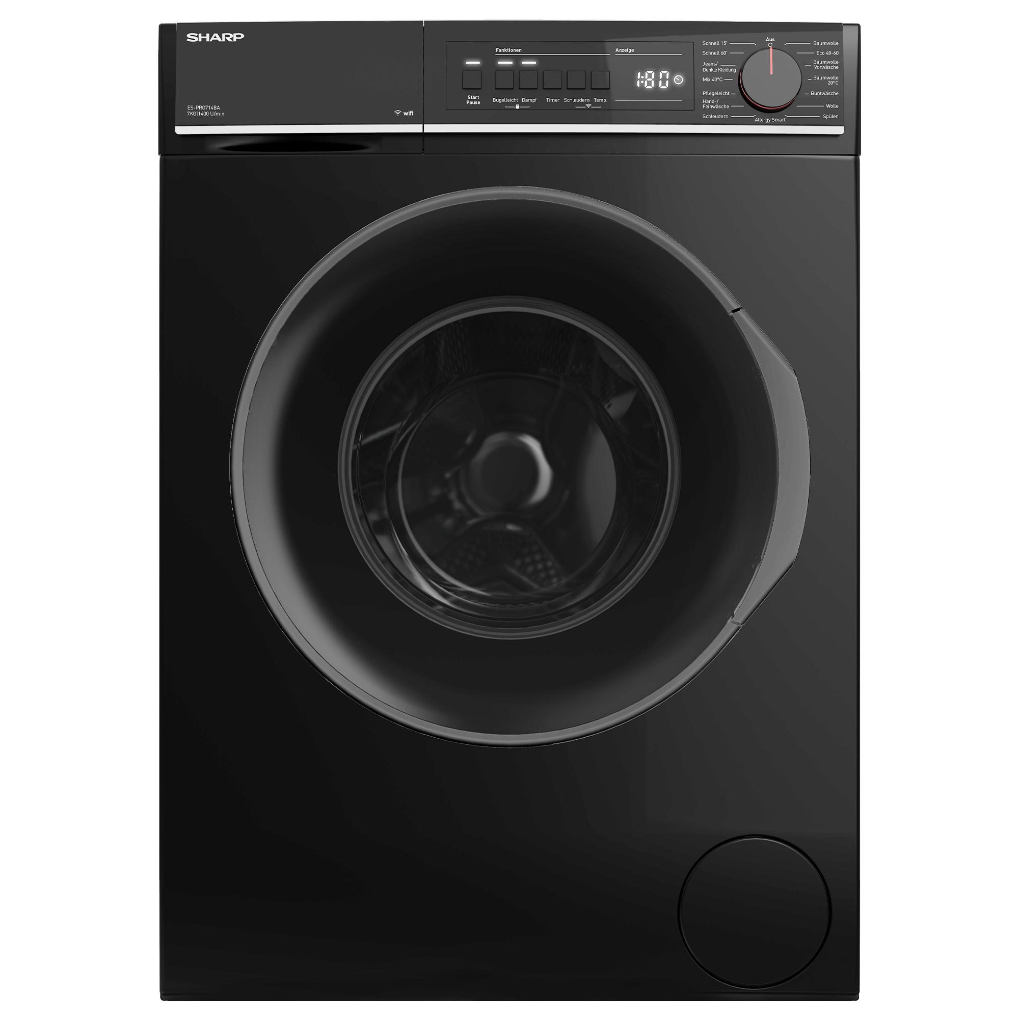 Sharp ES-PRO714BA-DE Waschmaschine, 7 kg, 1400 U/min, Schwarz, SoftTouch-Bedienung, AquaStop, 15 Programme, AllergySmart
