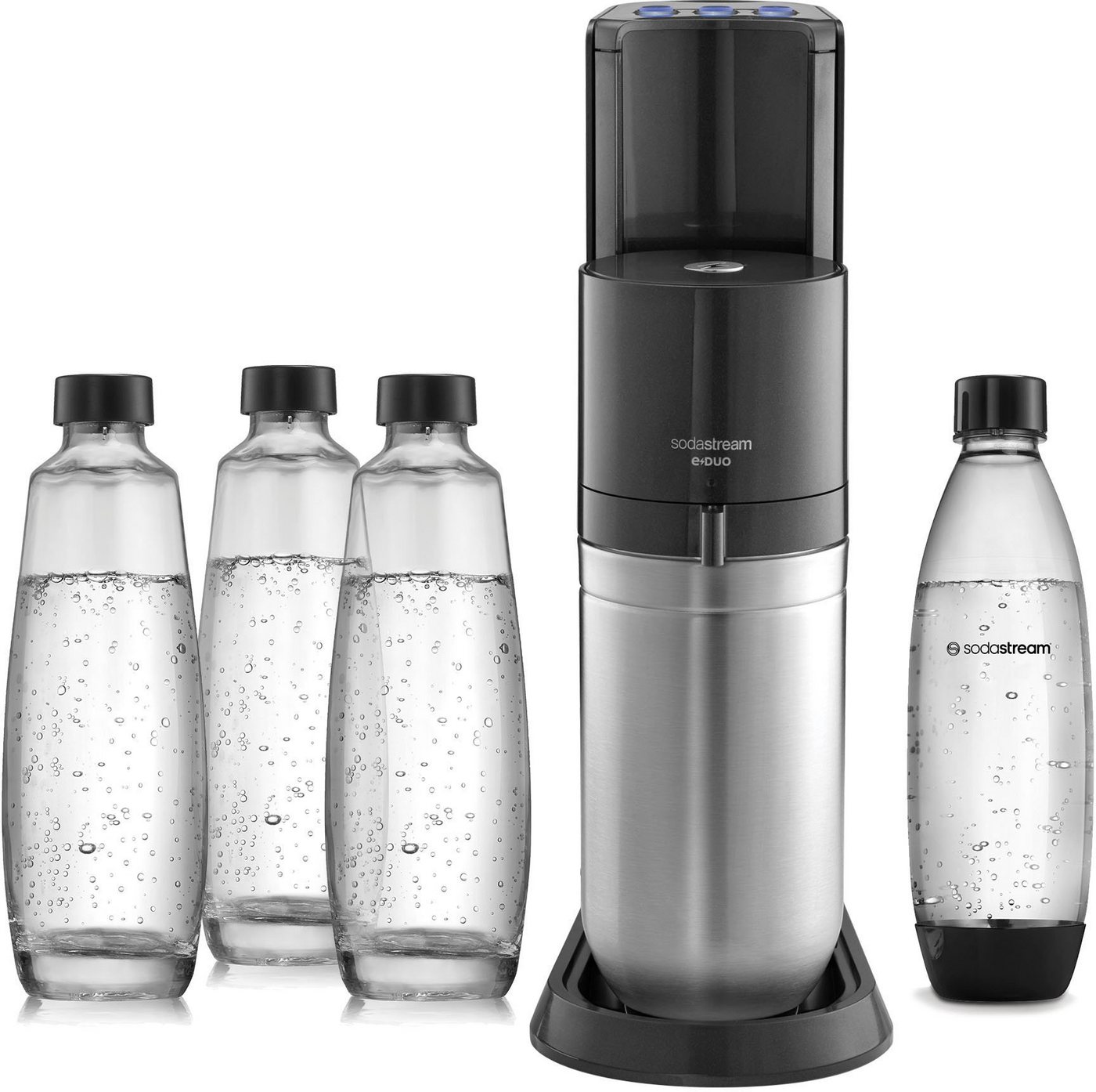 SodaStream E-DUO Wassersprudler Bundle, inkl. 1 CO2-Zylinder, 3x 1L Glasflasche & 1x 1L KSTF-Flasche, elektrisch und vollautomatisch, ideal für die Küche