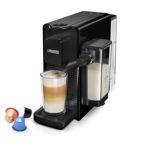 PRINCESS 249455 Capsule and Latte Pro, Kapselmaschine mit 20 bar Pumpe, kompatibel mit Nespresso-Kapseln, automatischem Milchsystem und 0,8L Wassertank