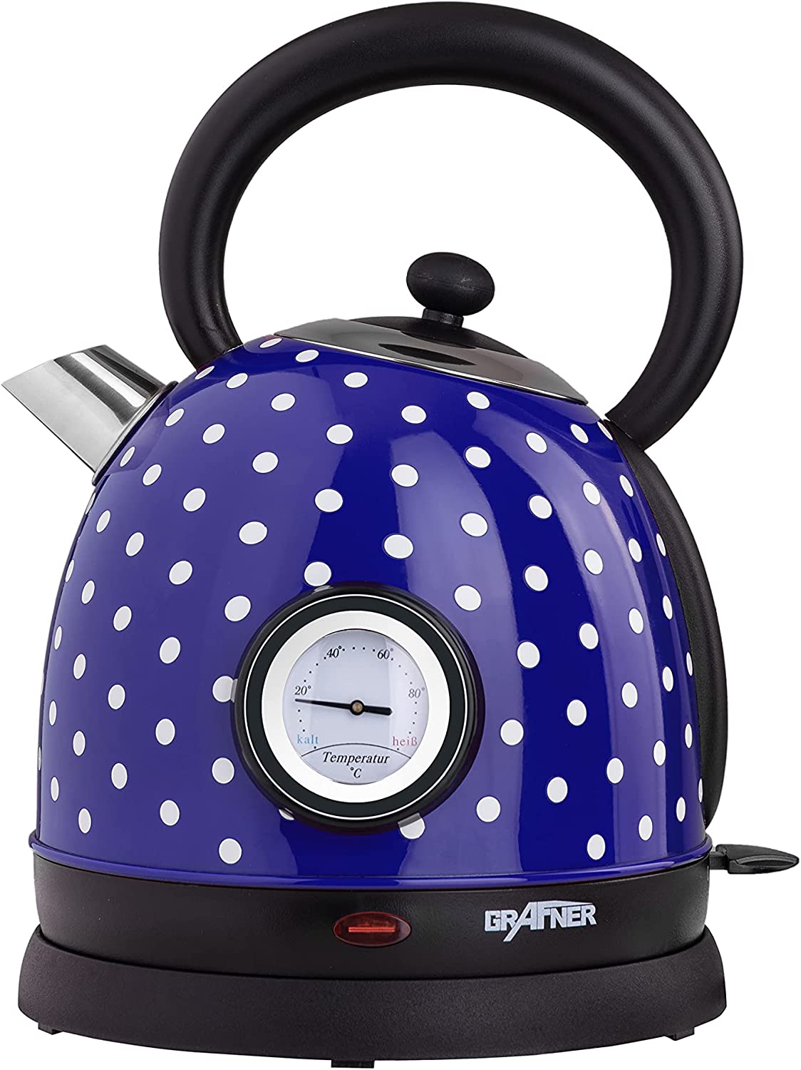 Grafner Retro Edelstahl-Wasserkocher, 2200W, 1,8L, 360°-Basis, Kalkfilter, blau mit Pünktchen