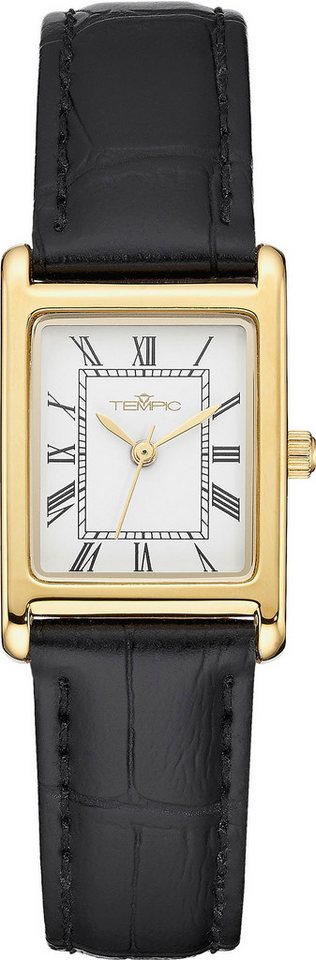 Tempic Quarzuhr, Damen-Armbanduhr analog, spritzwassergeschützt, weißes Zifferblatt, goldfarbenes Gehäuse, schwarzes Lederimitat-Armband