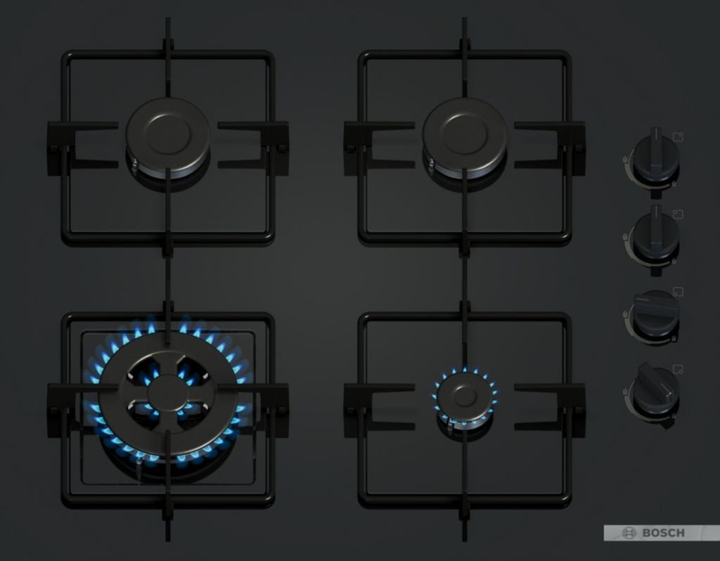 BOSCH Gas-Kochfeld POH6B6K30, 60 cm, Wok-Brenner, Einhandzündung, Schwarz
