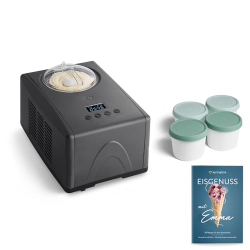 Springlane Kitchen Eismaschine Emma 1,5 L mit selbstkühlendem Kompressor 150 W, aus Edelstahl mit entnehmbarem Eisbehälter, inkl. Rezeptheft (Anthrazit, Emma Anthrazit + 4 Eisbehälter Mini Mint)
