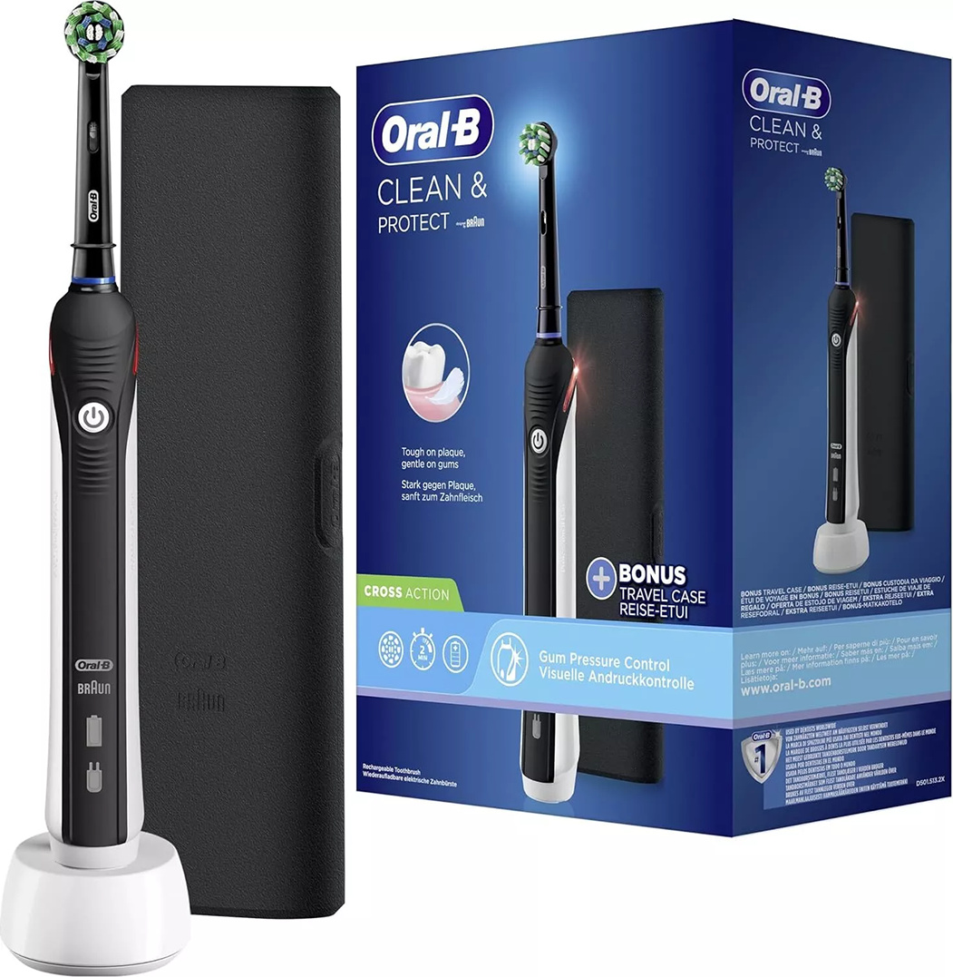 Braun Oral-B Pro 1 Clean Black Elektrische Zahnbürsten + Schwarzes Etui, Drucksensor, Pro-Timer, Wasserdichtes Design