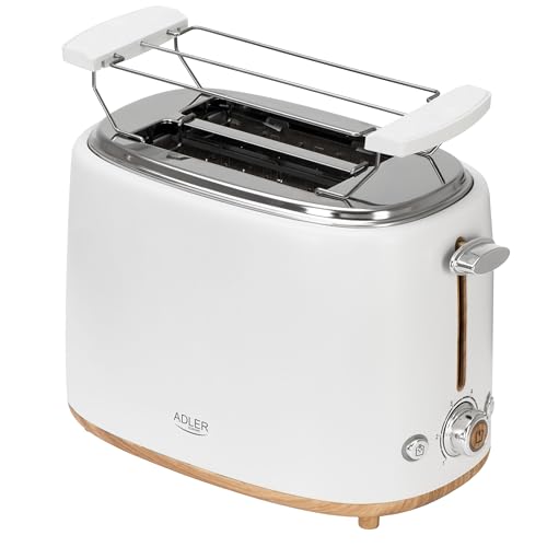 ADLER Toaster Weiß für 2 Scheiben, mit 6 Stufen, Brötchenaufsatz, Auftau- & Aufwärmfunktion, Stopp-Taste, Krümelschublade