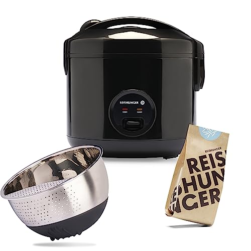 Reishunger Reiskocher & Dampfgarer mit Keramikbeschichtung Starterset (10-teilig), Schwarz - inkl. Dämpfeinsatz, Löffel, Messbecher, 8-teiligem Reisset & Edelstahl Reiswaschschüssel, 1.2l Fassungsvermögen, 500W, GS zertifiziert
