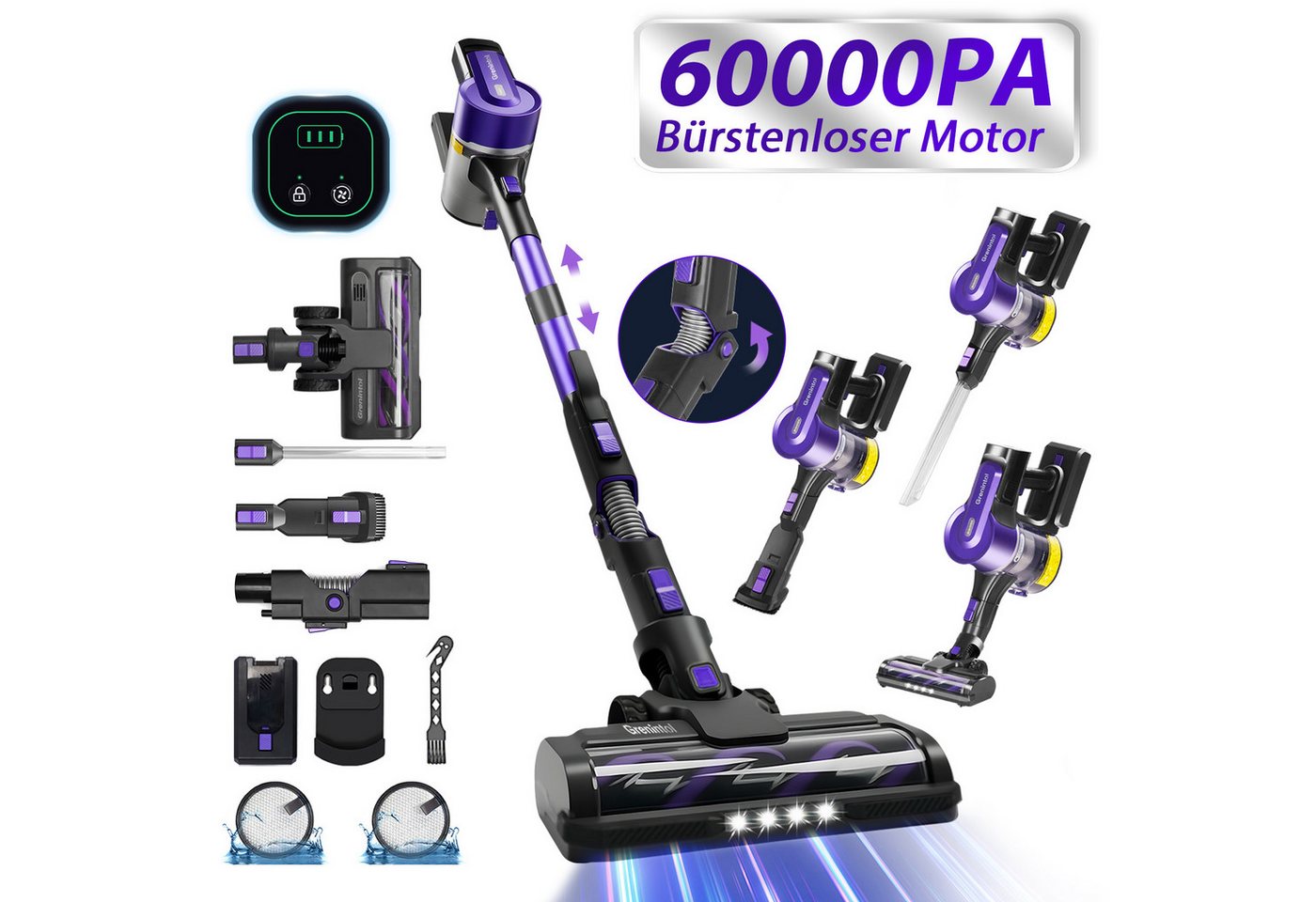 Grenintol Akku-Hand- und Stielstaubsauger, kabelloser Staubsauger mit 60000 Pa Saugkraft, 60 Minuten Akkulaufzeit, 8 in 1 Funktion, HEPA Filter, Auto- und ECO-Modus, beutellos
