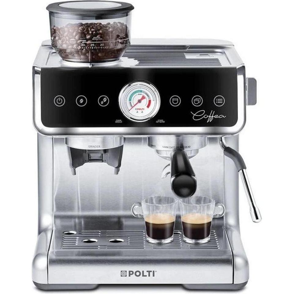 Polti COFFEA G50S, Siebträgermaschine mit integriertem Mahlwerk, 30 Mahlstufen, professionelle Dampfdüse, Silber, Schwarz