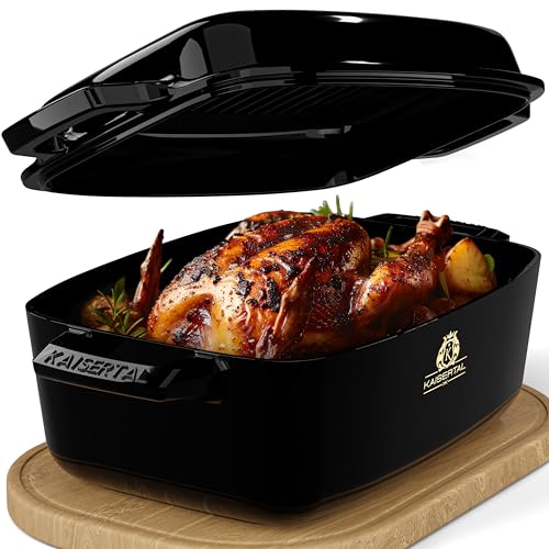 KAISERTAL 28cm Emailliert Gusseisen Bräter - Ovaler 6l Topf backofengeeignet - Induktionsgeeigneter 7kg Bräter mit Deckel - Schmortopf in Schwarz