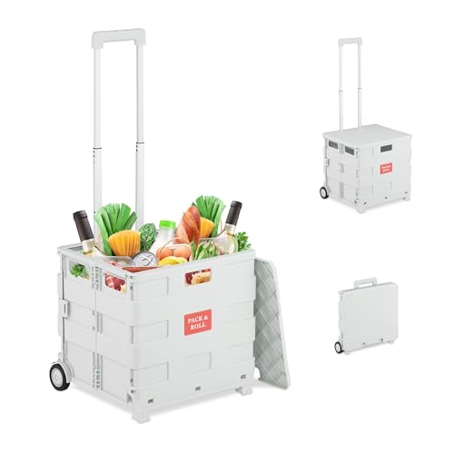 Relaxdays Einkaufstrolley, klappbar, Einkaufskorb mit Rollen, mit Deckel & Teleskopgriff, bis 35 kg, Rollkiste, weiß