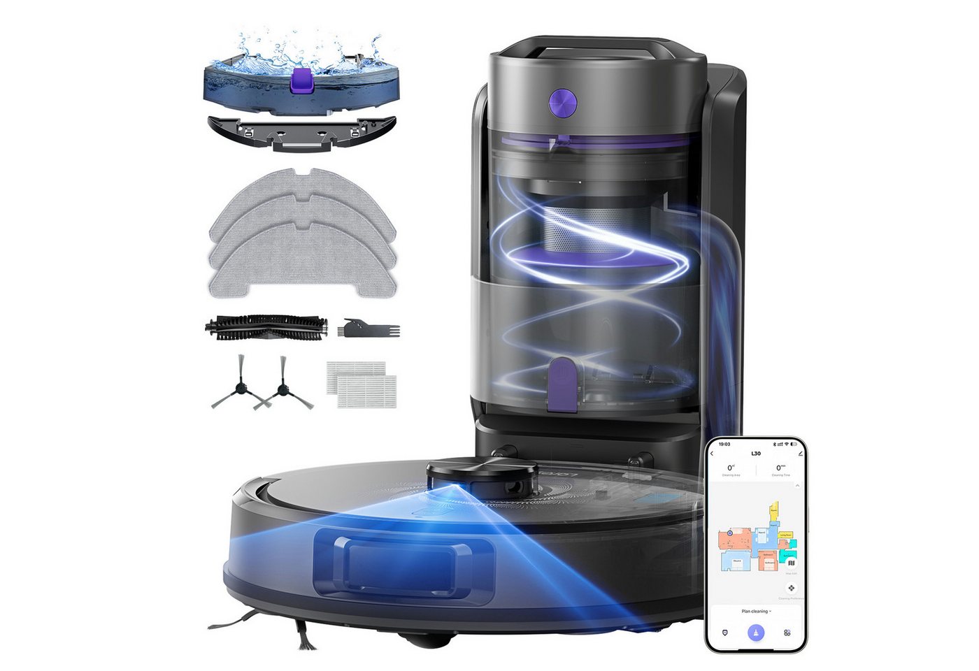 Laresar L30 Saugroboter mit Wischfunktion und Absaugstation, 10.000 Pa, LiDAR-Navigation, beutellos, 4-in-1 Reinigung, 200 Min Laufzeit, APP-Bedienbar