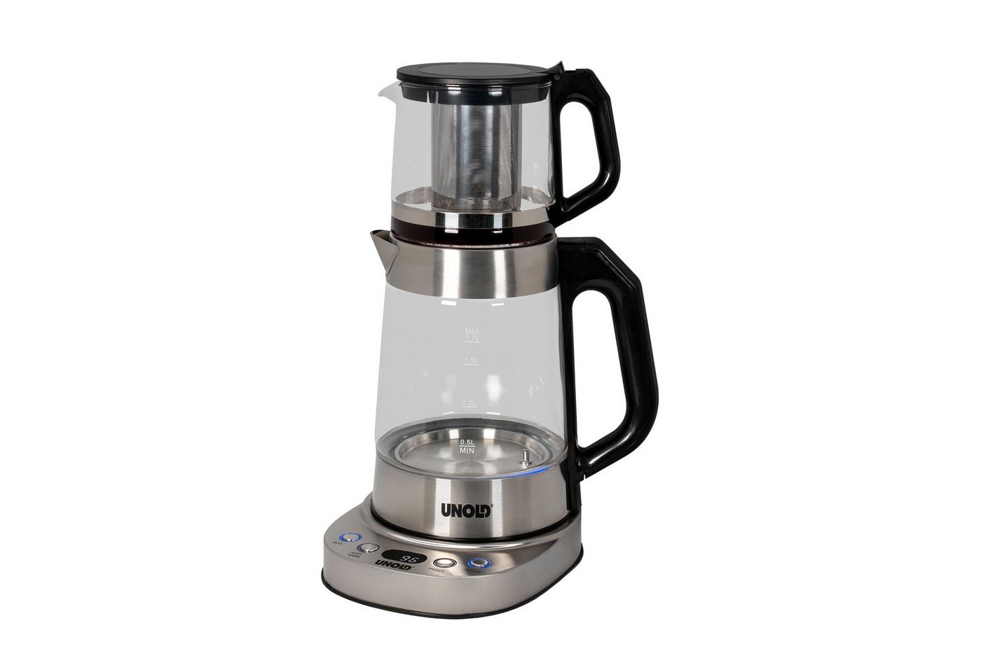 Unold Samowar Selin, 2in1 Wasser-/Teekocher mit 1,7 L Volumen, stufenweise Temperatureinstellung 92–100 °C, Edelstahl und Borosilikatglas
