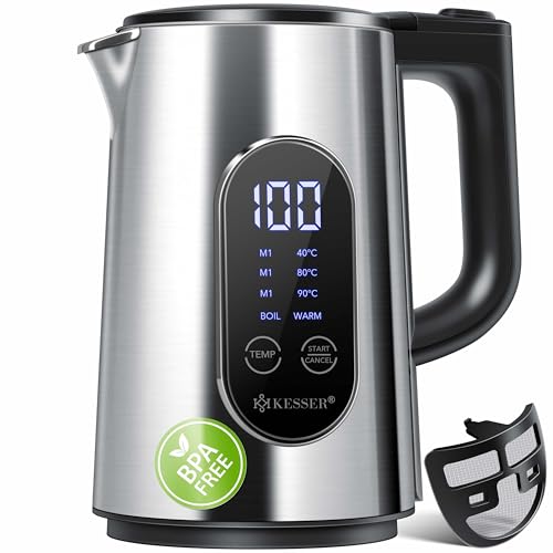 KESSER® Wasserkocher Edelstahl 1.7 Liter | LED-Anzeige | 4-Modi Temperatureinstellung 40°C-100°C | 30min Warmhalten | elektrischer Teekocher 2200W BPA-Frei | Kalkfilter & Easy-Open-Deckel, Silber