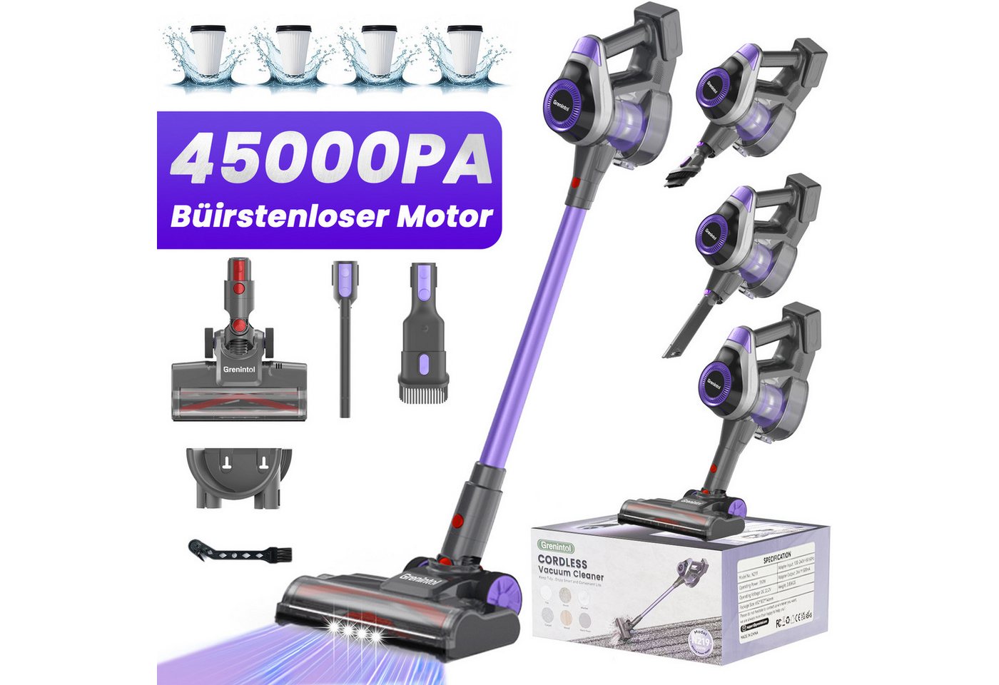 Grenintol Akku-Hand-und Stielstaubsauger G350W, kabellos, 55 Min. Laufzeit, 6-in-1, HEPA-Filter, super leise für Hartböden und Teppiche