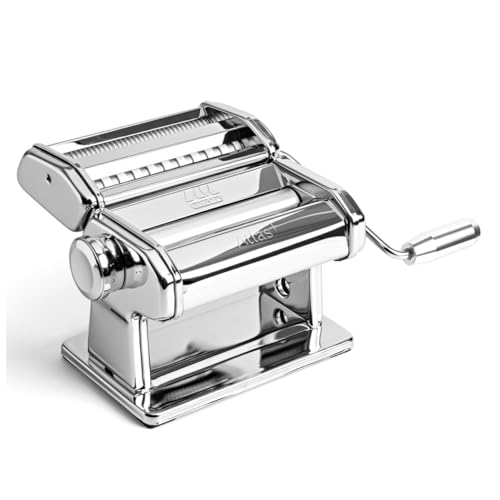Marcato Atlas+ Nudelmaschine, frische Pasta-Maschine aus eloxiertem Aluminium mit 4 Funktionen für Lasagne, Fettuccine, Tagliolini und Spaghetti, hergestellt in Italien, kompatibel mit zusätzlichem Zubehör