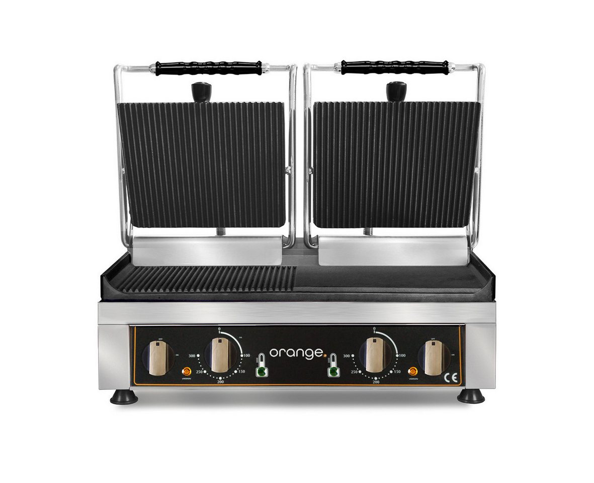 Orange Kontaktgrill Doppel-Kontaktgrill oben gerillt unten glatt / gerillt, 3 W - Orange Kontaktgrill mit Gusseisen-Grillplatte, Edelstahl-Gehäuse, und thermostatischer Temperaturregelung
