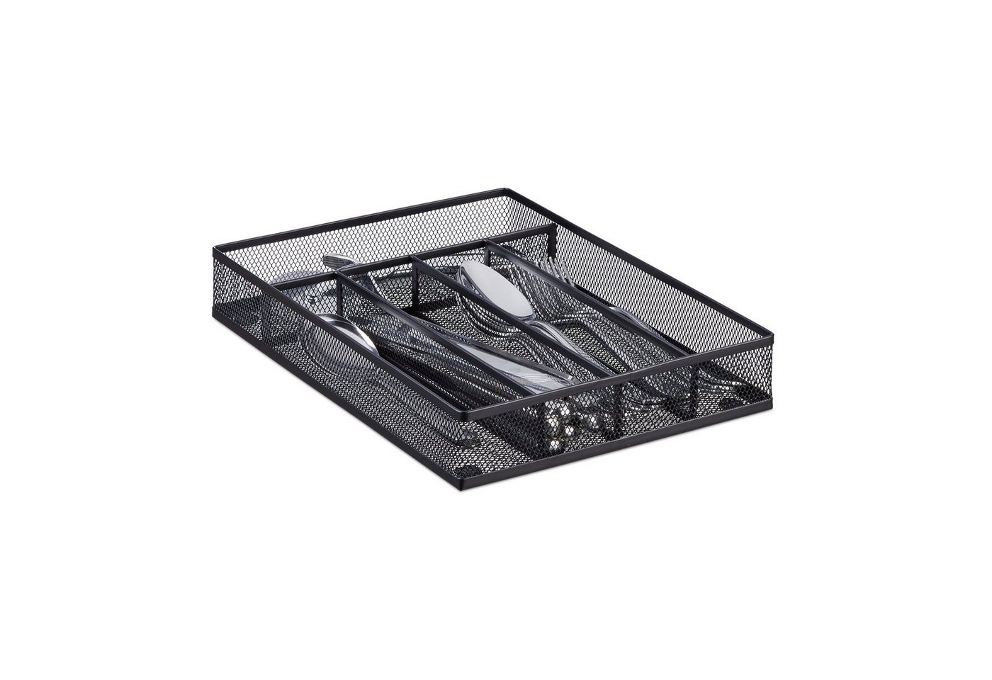 relaxdays Besteckkasten Metallgeflecht M, Schwarz, 5 separate Fächer, rutschhemmende Gummifüße