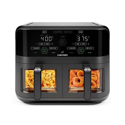 Chefman Square Plastic Air Fryer, With Capacitive Touch Control, 3 Quart Double Basket, Viewing Window
