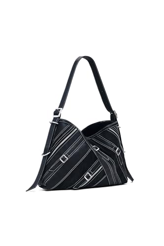 Desigual Fibonacci Buxton Schultertasche, 40 cm, Schwarz, mit Reißverschlussfach und mediumlangem Umhängeriemen
