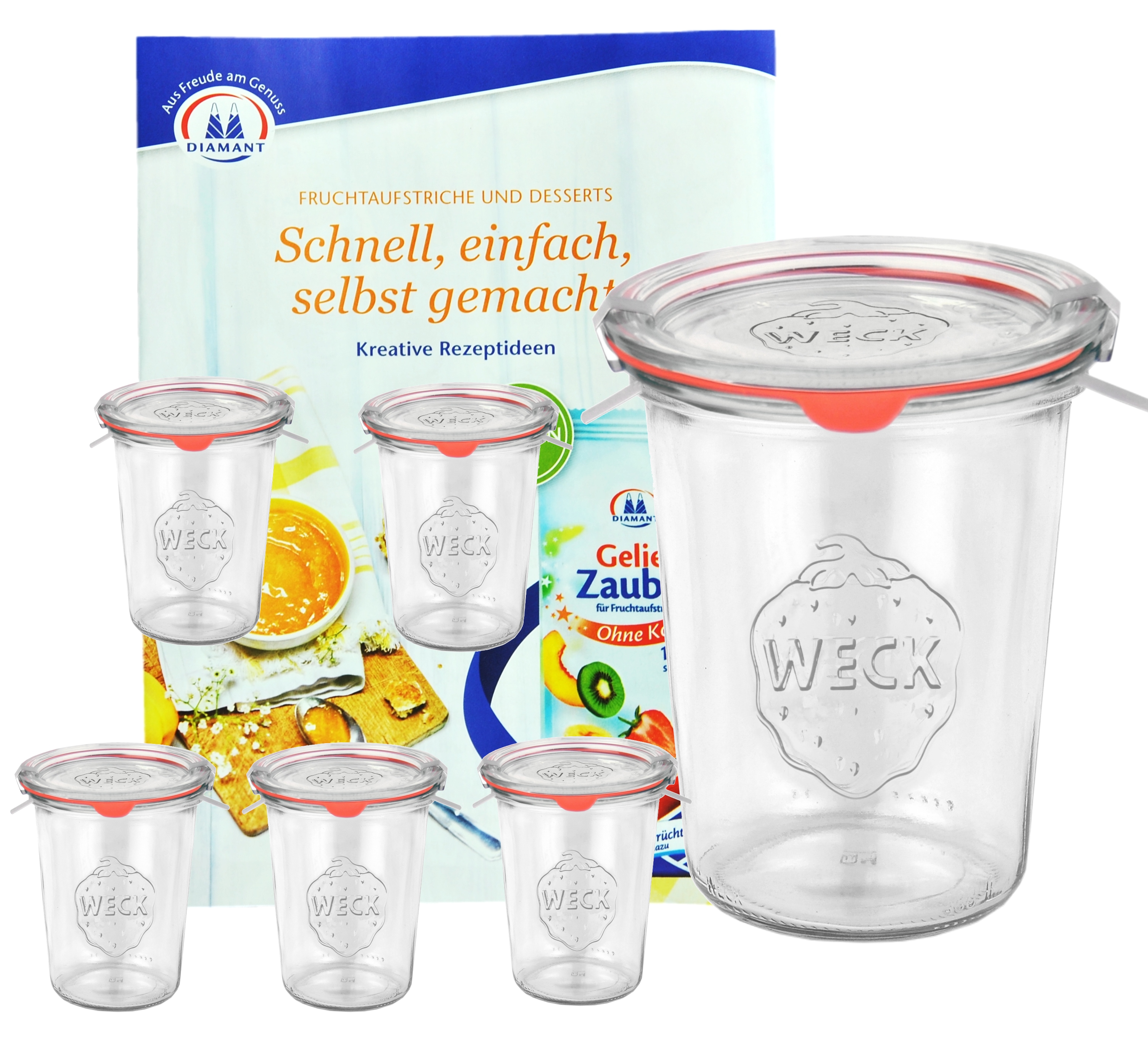6er Set Weck Gläser 850ml, 3/4L Sturzgläser mit 6 Glasdeckeln, 6 Einkochringen und 12 Klammern