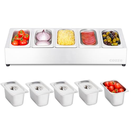 cozze® Pizza Toppingstation – Edelstahl Zutatenbehälter mit Deckel für Pizzabeläge – Professionelle Belegstation mit 5 Fächern – Ideal für Küche und Gastronomie