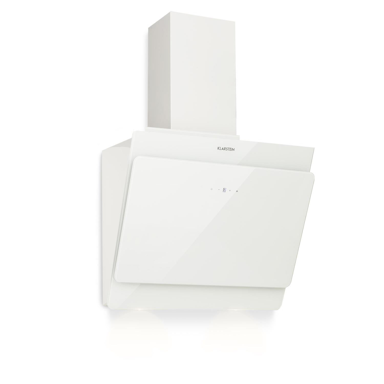 Klarstein Aurica 60, Motorhaube, Kamin abgewinkelt, Breite: 60 cm, Tiefe: 33 cm, Absaugung und Rückführung (mit zusätzlichem Rückführungsset), weiß