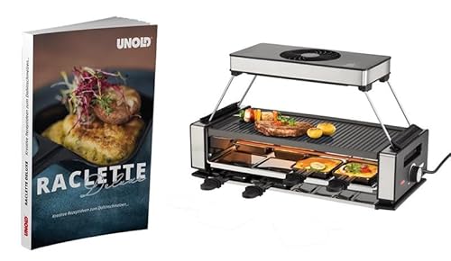 Unold 48985 Raclette Smokeless | Rauchfreier Raclette-Grill für 8 Personen mit Dunstabzugshaube, wendbarer Antihaft-Grillplatte, Edelstahl/Aluminium, 1200W