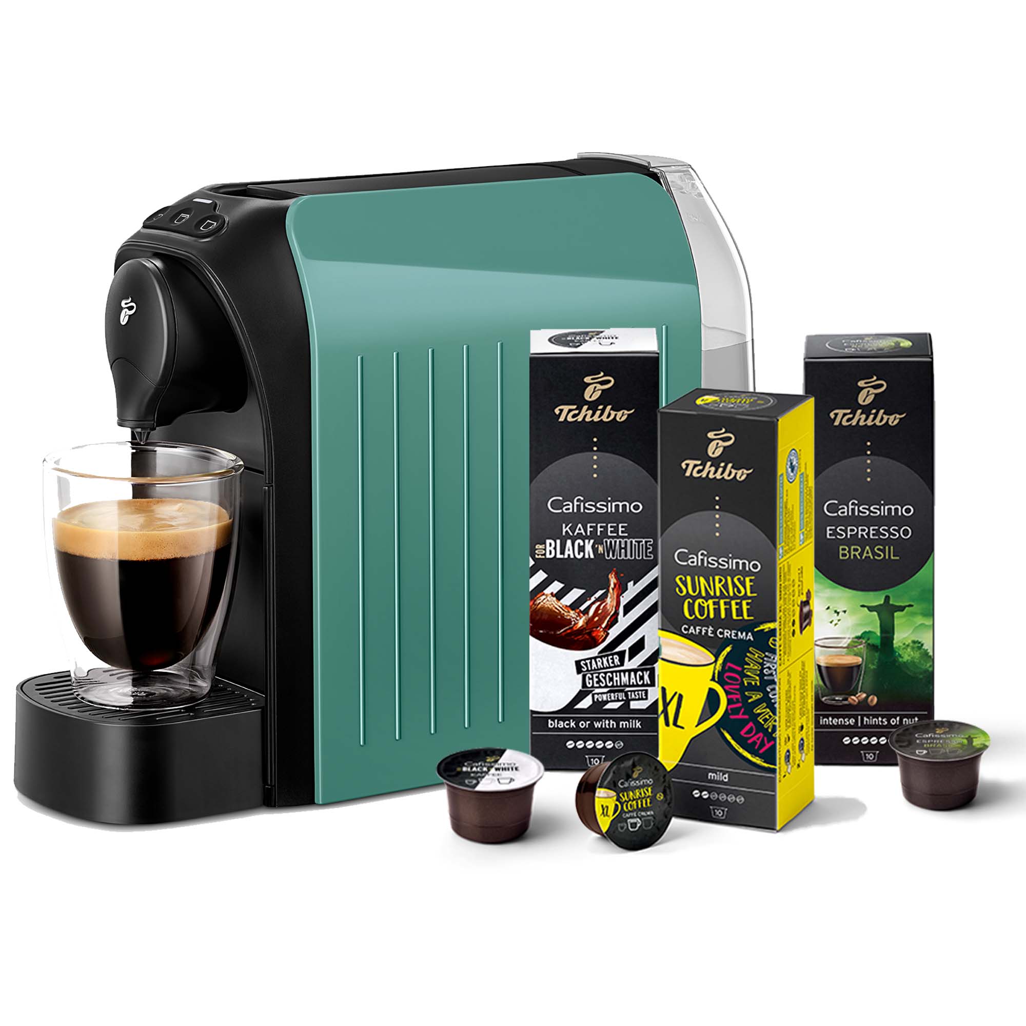 Tchibo Cafissimo easy Kaffeemaschine Kapselmaschine inkl. 30 Kapseln für Caffè Crema, Espresso und Kaffee, Petrol