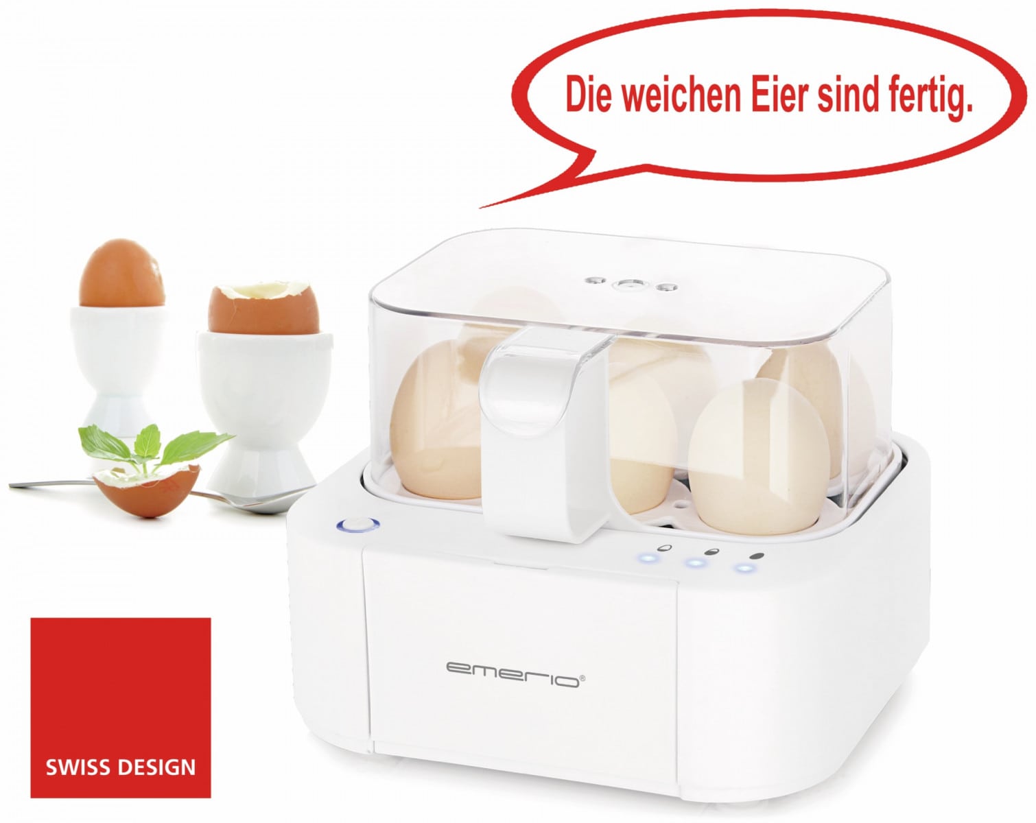 Emerio EB-115560.12 Eierkocher, 6 Eier, 400 Tests, Watt, Preisvergleich & Sprachausgabe, weiß: Infos